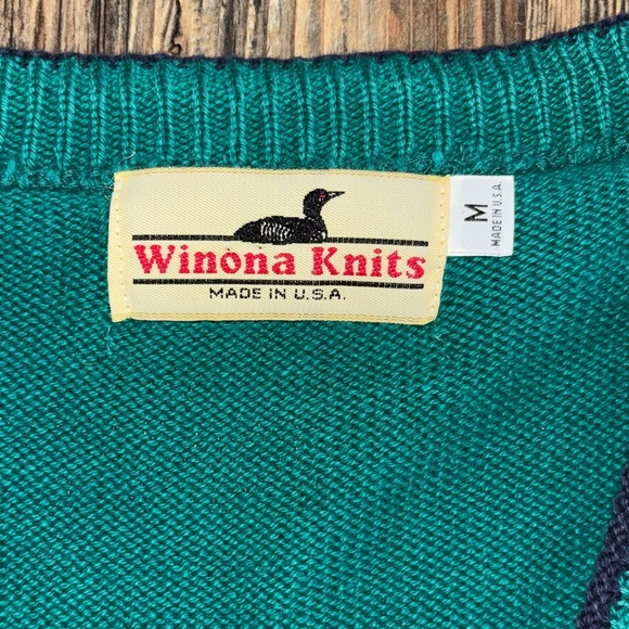 Vtg Winona Knits Embossed Golf Sweater M Teal V-Neck Pullover Embroidered Preppy - Picture 5 of 12